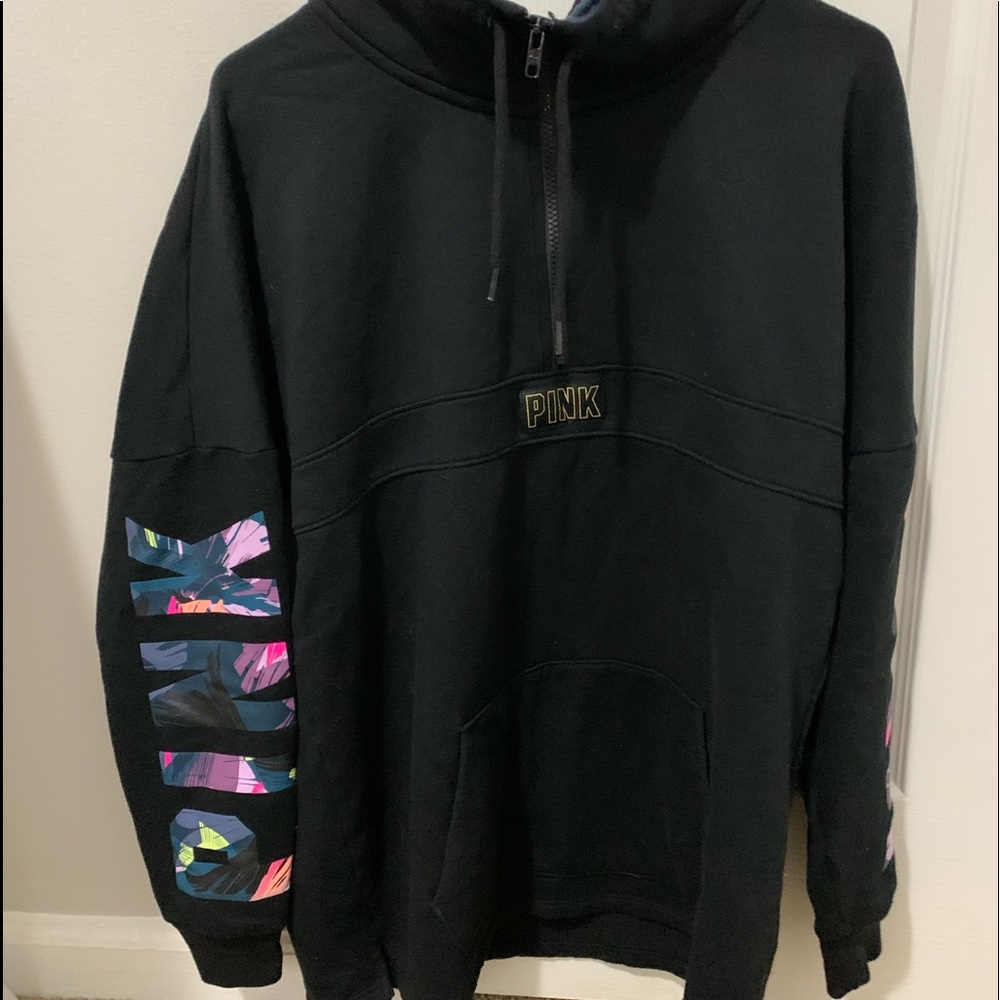 VS Pink Black Quarter Zip with Floral Logo